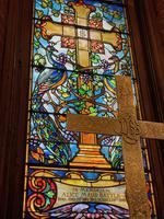 North Carolina, Asheville, The Cathedral of All Souls, Biltmore: Battle Memorial Window:  Cross and Crown with Peacocks and Grapes