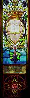 Florida, Hibernia, St. Margaret's Episcopal Church: Brown Memorial Window:  a shield containing an open book, surmounted with a jeweled crown, and wrapped in a scrolling grape vine