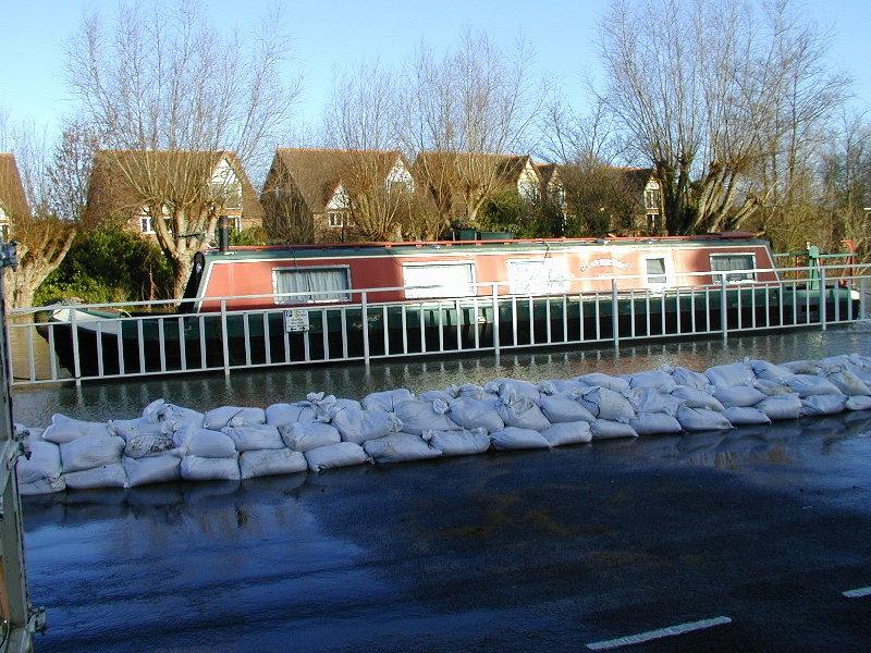 sandbags on Riverside, keeping water away from homes, Cambridge, England