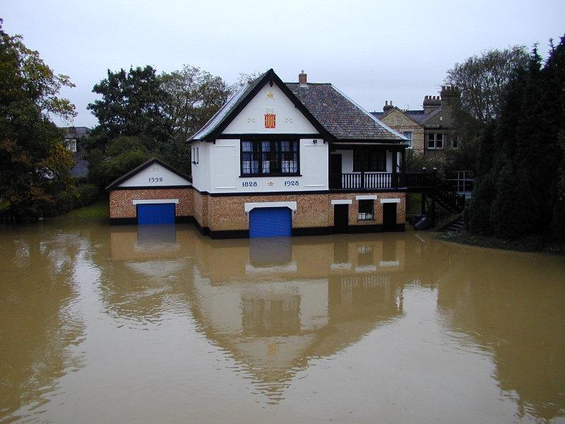 Peterhouse boathouse, partly under water, Cambridge, England
