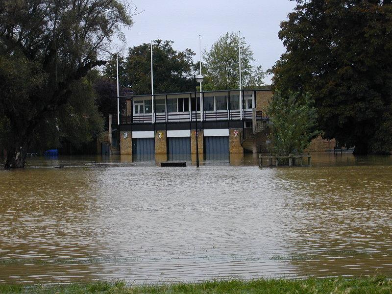 Corpus/Girton/Sidney Sussex/Wolfson boathouse, partly under water, Cambridge, England