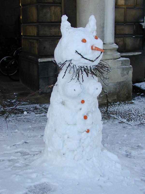 snow woman, King's College, Cambridge, England