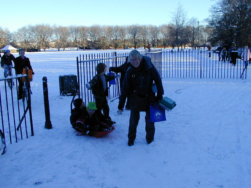 sledding to school, Park Street, Cambridge, England