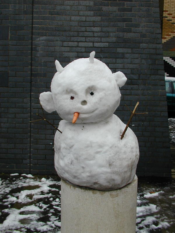 snow devil, behind Judge Institute, Cambridge, England