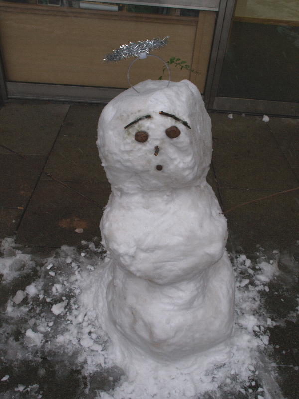 Snow man with halo, Institute of Biotechnology, Cambridge, England
