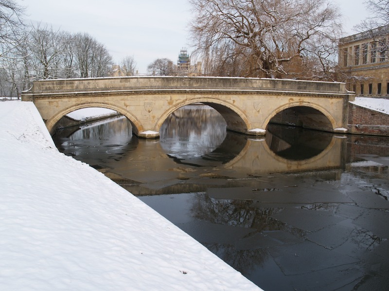 bridge (with sheets of ice in river), The Avenue, Trinity College, Cambridge, England
