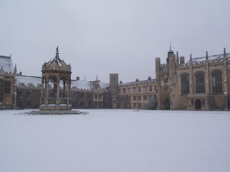 Great Court in the snow, Trinity College, Cambridge, England