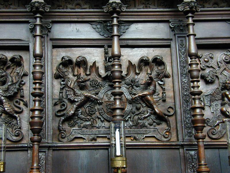 Cambridge, England: King's College: chapel heraldic panel behind Fellows' stalls