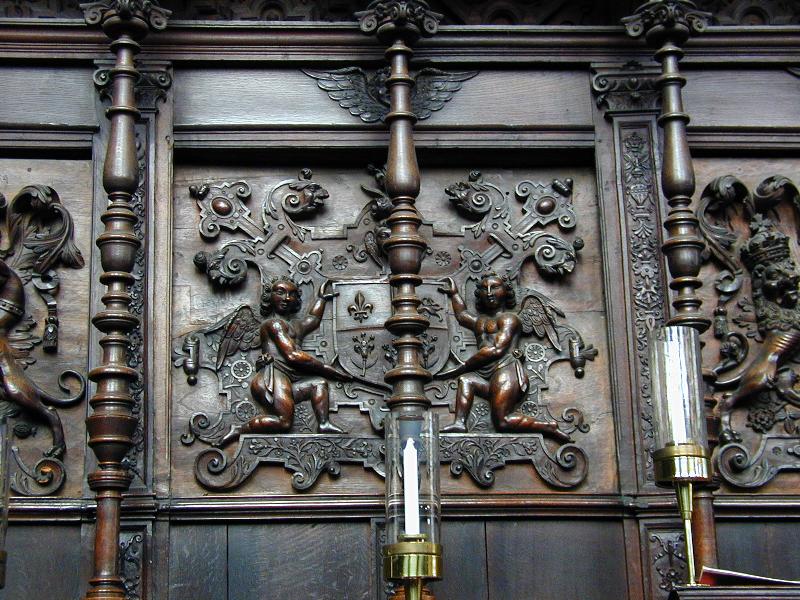 Cambridge, England: King's College: chapel heraldic panel behind Fellows' stalls