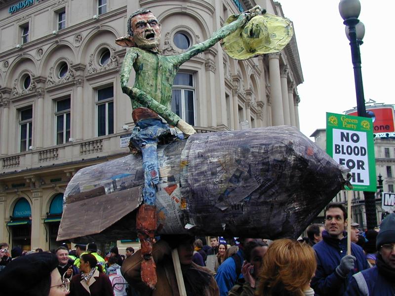 London, England: anti-war demonstration: Bush as pilot Kong in Dr. Strangelove