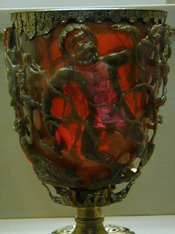 London, England: British Museum: Lycurgus Cup (backlit) (4th century AD, probably carved in Rome)