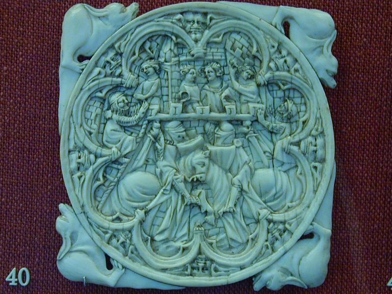 London, England: British Museum: ivory showing assault upon the Castle of Love (Paris, mid-14th century)