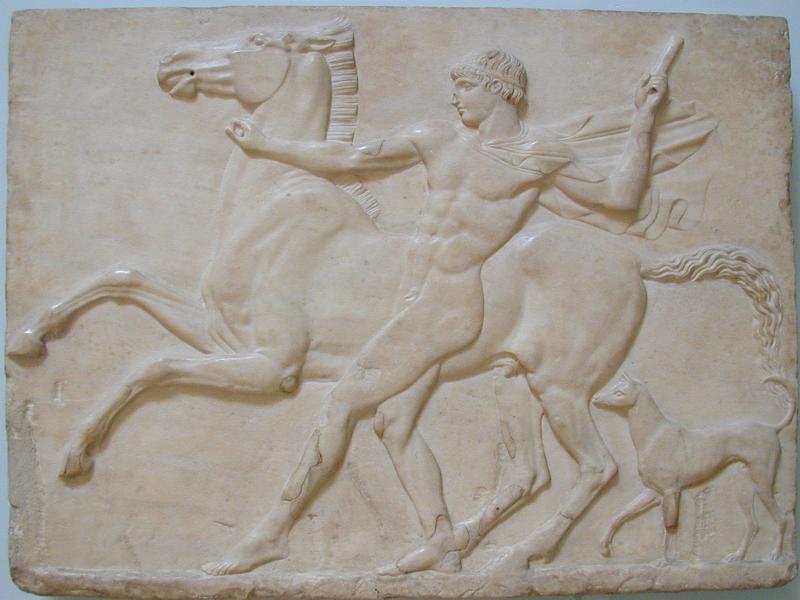 London, England: British Museum: marble relief of a youth with his horse and dog (Roman, about AD 125, found at Hadrian's Villa, Tivoli)
