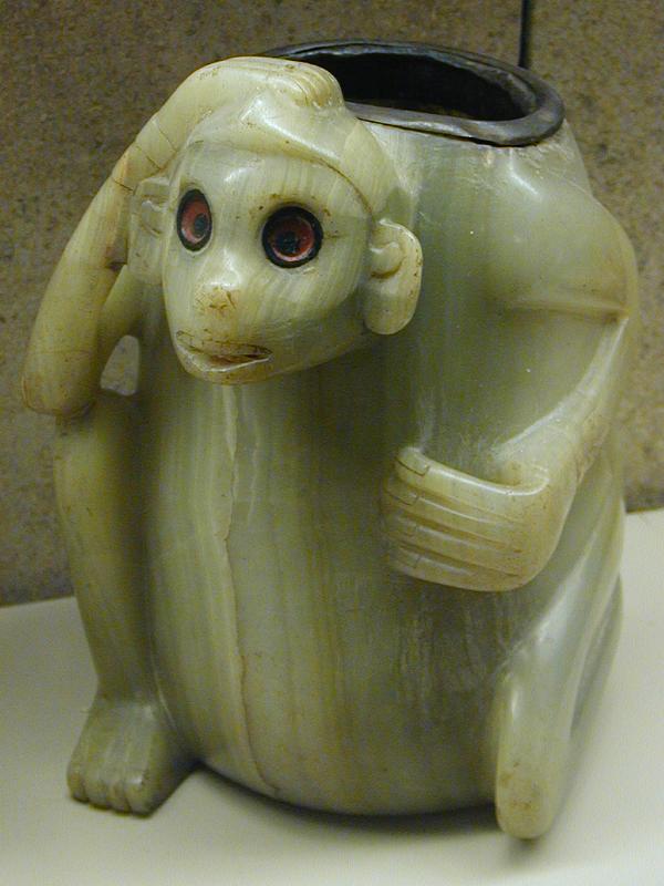London, England: British Museum: stone vessel in the form of a monkey (Isla de Sacrificios, AD 900-1521)