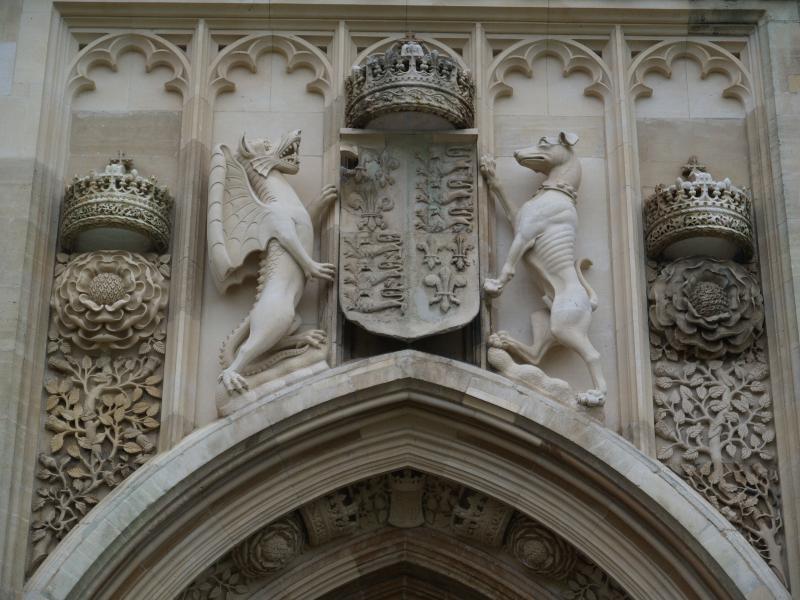 Cambridge, England: King's College: chapel, sculpture above west door