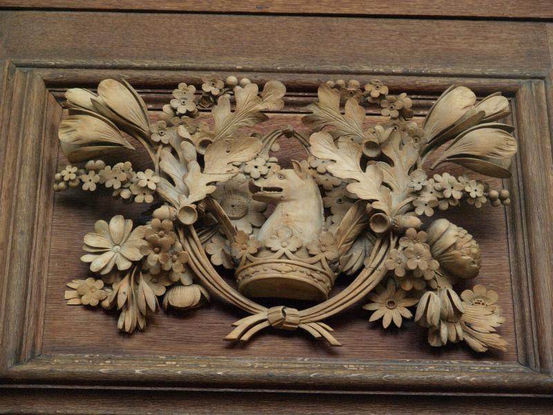 Cambridge, England: Trinity College: Wren Library carving (1691-1695, Grinling Gibbons)