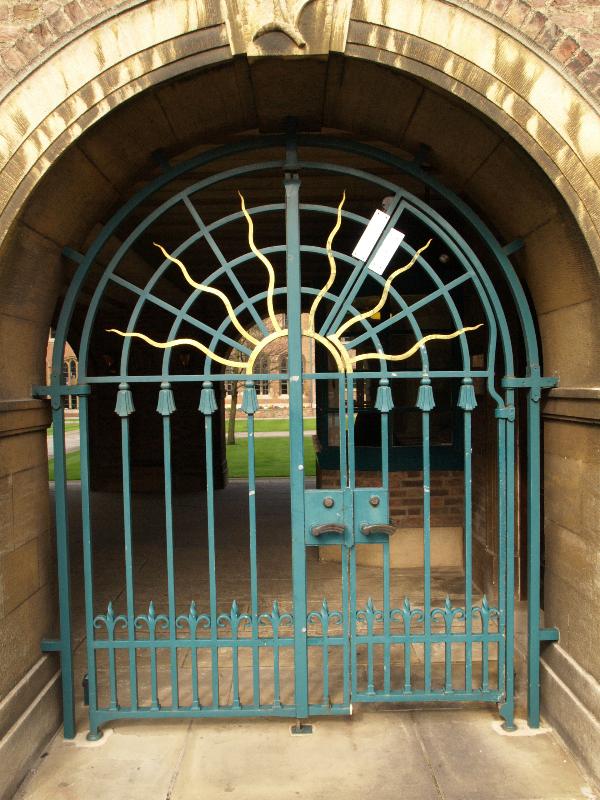 Cambridge, England: St John's College: gate to Chapel Court (art deco, 1938-1940, Edward Maufe)