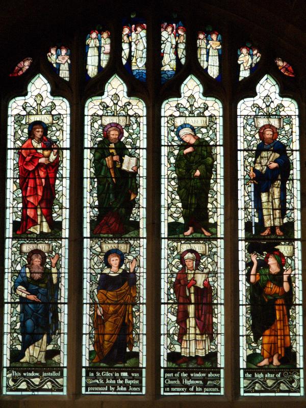 Wrexham, Wales: Parish Church of St Giles: window from St John the Baptist Church, Hightown (designed by Edward Burne-Jones studio; window moved to St Giles in 1988)