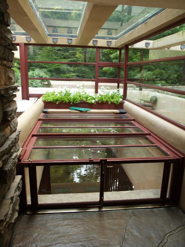 Mill Run, Pennsylvania (PA): Fallingwater (Kaufmann House): living room, hatchway to stream (1935-1937, architect Frank Lloyd Wright)