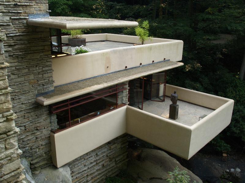 Mill Run, Pennsylvania (PA): Fallingwater (Kaufmann House): master bedroom terrace and living room west terrace (1935-1937, architect Frank Lloyd Wright)