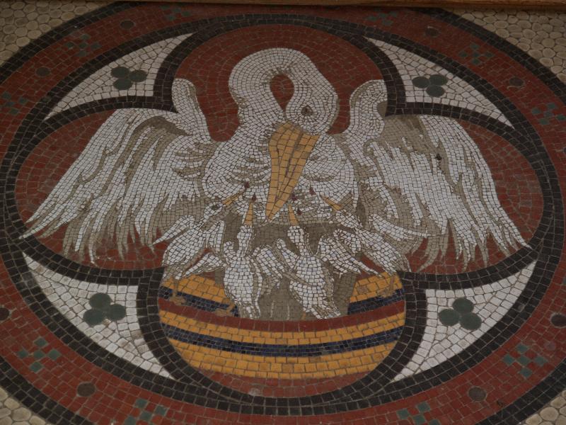 Grantchester, England: Parish Church of St Andrew and St Mary: pelican floor mosaic (c1870s)