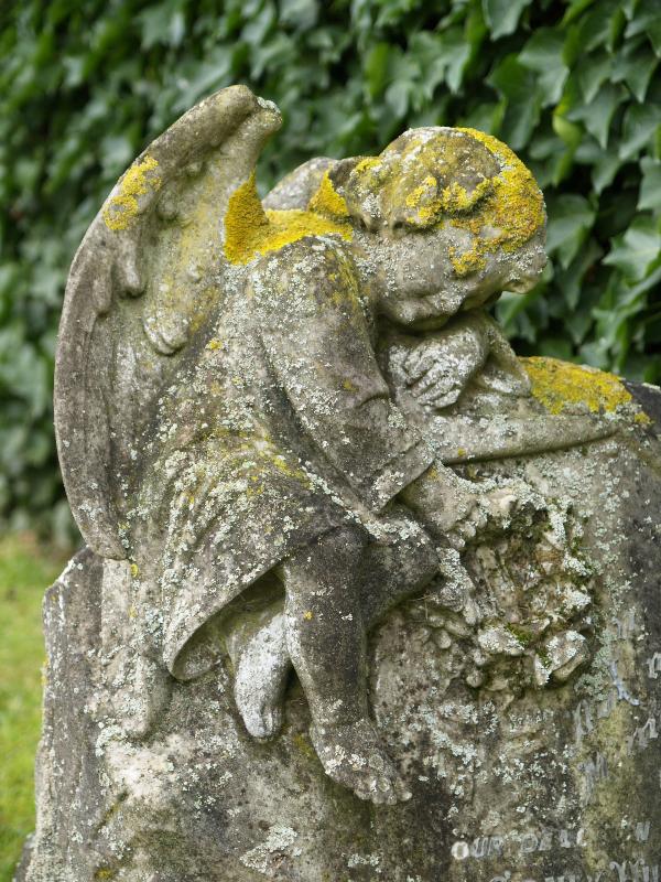Higham Ferrers, England: cemetery: angel carving, gravestone