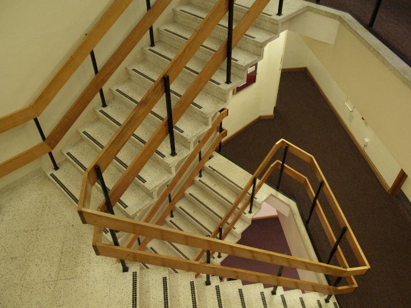 Canterbury, England: University of Kent, Department of Biosciences: stairs (1972, architects Easton, Robertson, Preston and Partners)