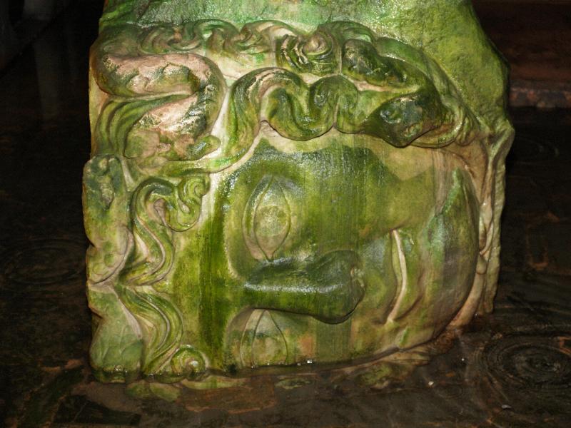 Istanbul, Turkey: Basilica Cistern: Medusa head at base of column (532 AD)