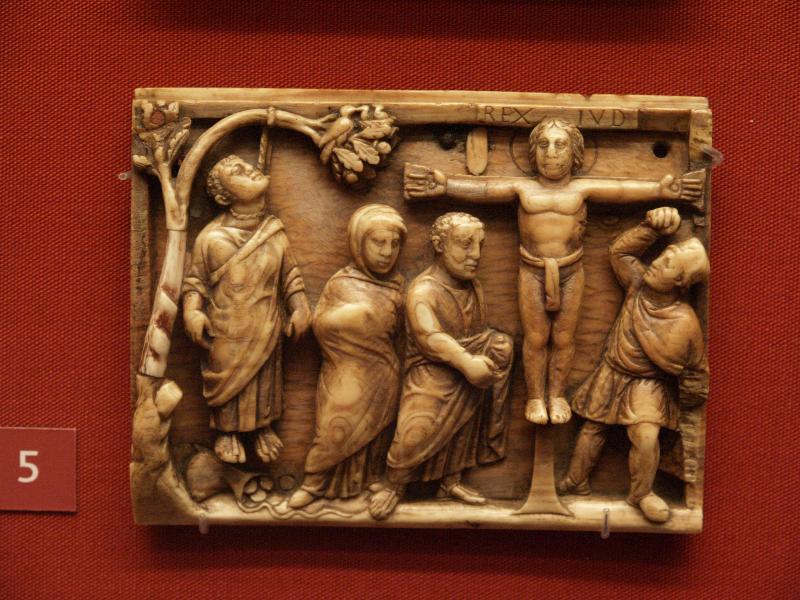 London, England: British Museum: box panel with scene of Judas hanging himself and Jesus being crucified (Rome, about 420-430 AD)