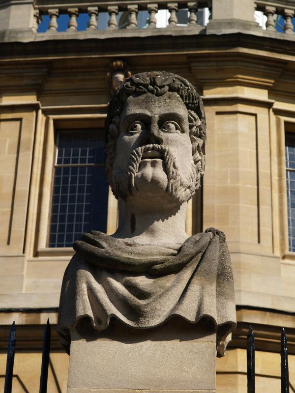 Oxford, England: Sheldonian Theatre: 'Emperor's Head' bust (originally 1868 but replaced 1972, carved by Michael Black)