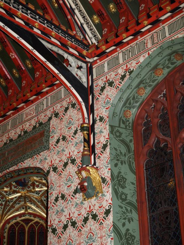 Cambridge, England: Queens' College: old dining hall wall, arch and ceiling decoration (1875, designed by G.F. Bodley, executed by F.R. Leach, restored 1961)
