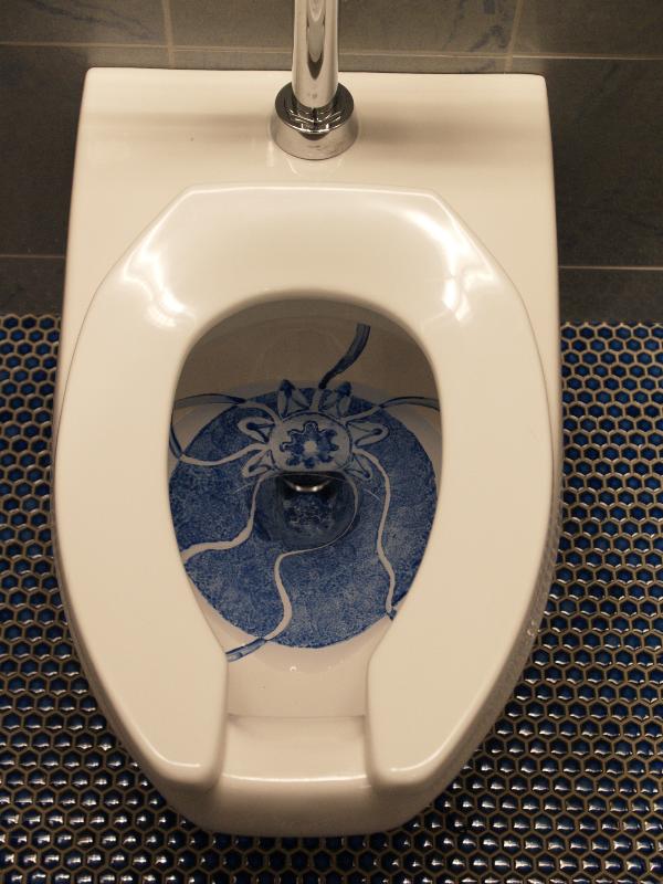 Northampton, Massachusetts (MA): Smith College: Museum of Art, women's restroom toilet (decorated with sea creature) (2002, 'Catching the Drift', Ellen Driscoll)