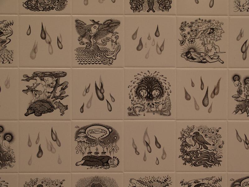 Northampton, Massachusetts (MA): Smith College: Museum of Art, men's restroom wall tiles (decorated with creation narratives) (2002, 'Liquid Origins, Fluid Dreams', Sandy Skoglund)