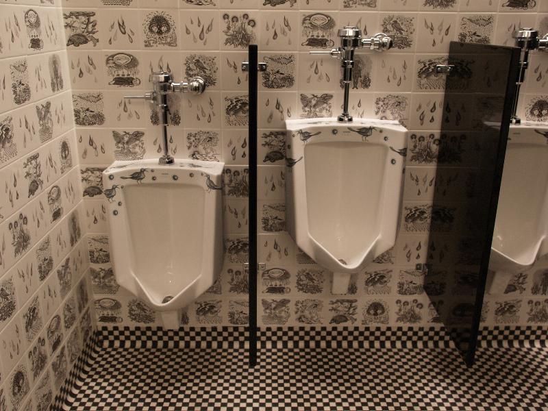 Northampton, Massachusetts (MA): Smith College: Museum of Art, men's restroom urinals and wall tiles (decorated with creation narratives) (2002, 'Liquid Origins, Fluid Dreams', Sandy Skoglund)