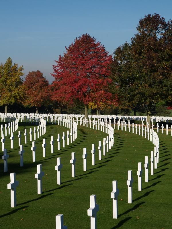 Madingley, England: American War Cemetery: grave stones and autumn trees