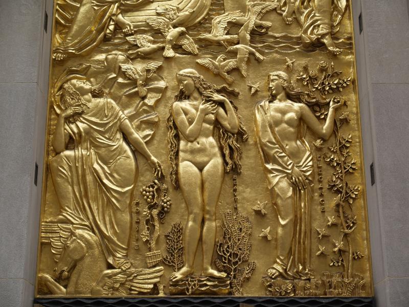 New York City, NY: 610 Fifth Avenue (La Maison Francaise, Rockefeller Center): 'The Friendship of France and the United States' (bottom half -- Poetry, Beauty and Elegance -- of panel above main entrance) (art deco, 1933, Alfred Janniot)