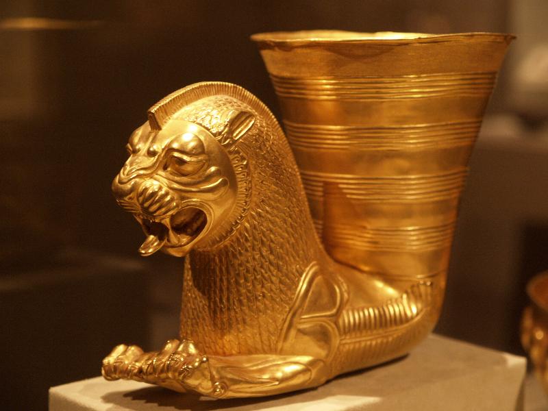 New York City, NY: Metropolitan Museum of Art: vessel terminating in forepart of fantastic leonine creature (Iran, Achaemenid period, 5th century BC)
