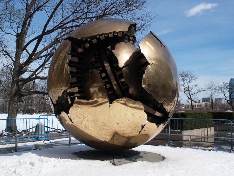 New York City, NY: United Nations (First Avenue): 'Sphere within a Sphere' ('Sfera con Sfera') (1995, sculptor Arnaldo Pomodoro)