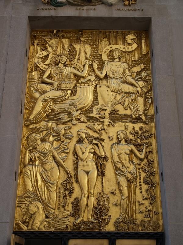 New York City, NY: 610 Fifth Avenue (La Maison Francaise, Rockefeller Center): 'The Friendship of France and the United States' (panel above main entrance) (art deco, 1933, Alfred Janniot)