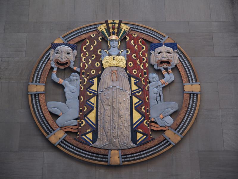 New York City, NY: Radio City Music Hall (West 50th Street): 'Drama' (enameled metal rondel) (art deco, 1932, Hildreth Meiere)