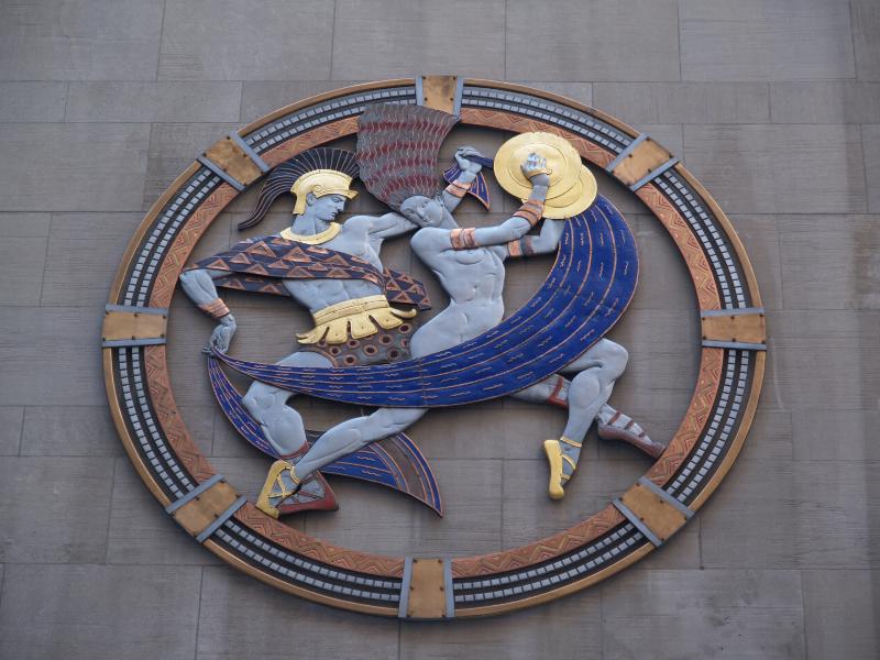 New York City, NY: Radio City Music Hall (West 50th Street): 'Dance' (enameled metal rondel) (art deco, 1932, Hildreth Meiere)