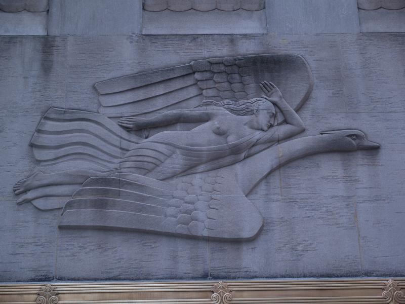 New York City, NY: Radio City Music Hall (Sixth Avenue, Avenue of the Americas): 'Evening' (decoration over entrance) (art deco, 1932, Robert Garrison)
