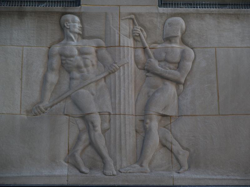 New York City, NY: 45 Rockefeller Plaza (International Building, Rockefeller Center): 'Demolition' (part of 'To Commemorate the Workmen of the Center') wall decoration (art deco, 1935, Gaston Lachaise)