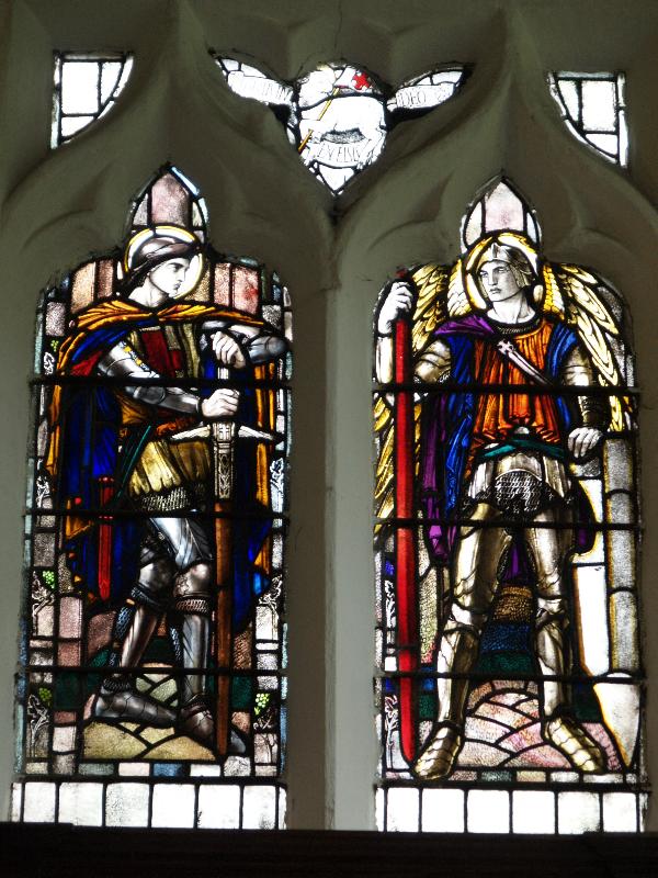 Cambridge, England: St Botolph's Church: south chapel window, St George and St Michael (1922, Rachel Tancock)