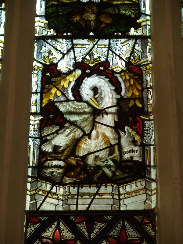 Cambridge, England: St Botolph's Church: north aisle window, Pelican detail (1889, Kempe)
