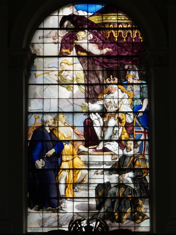 Cambridge, England: Trinity College: Wren Library stained and enamelled glass window (Isaac Newton being presented to George III with Francis Bacon looking on) (1771, designed by Giovanni Battista Cipriani, made by Peckitt of York)