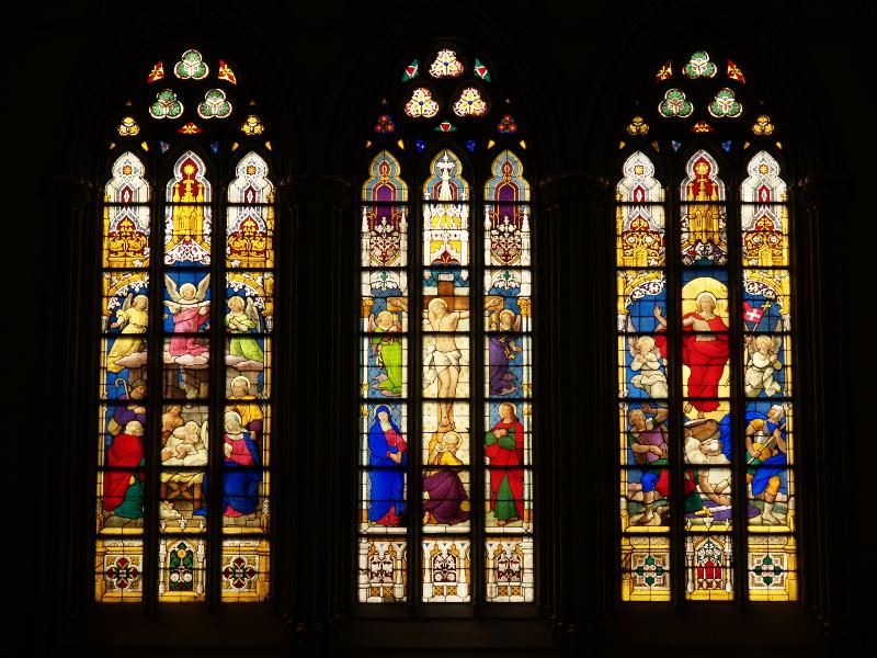 Buffalo, New York (NY): Saint Joseph's Cathedral: 'Birth of Jesus', 'Crucifixion' and 'Resurrection' stained glass windows (King Ludwig Windows, made by Mayer Family of Munich, first shown in Paris Exposition of 1850)