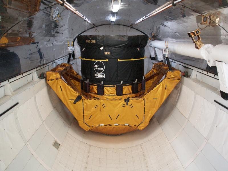 Kennedy Space Center, Florida (FL): Visitor Complex: space shuttle 'Explorer', mock-up of interior bay with satellite