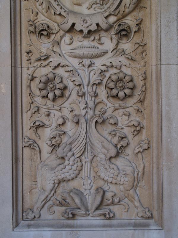 London, England: Piccadilly, Burlington House: detail of courtyard entrance (1869-1873, architects Robert Richardson Banks and Charles Barry, Jr.)