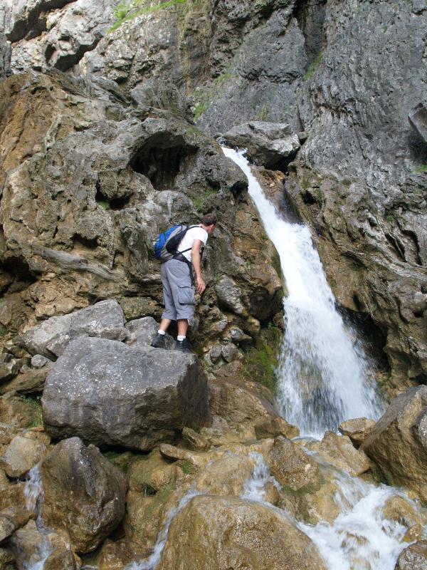 Malham, England: Gordale Scar: waterfall (path is up the rocks at the left)
